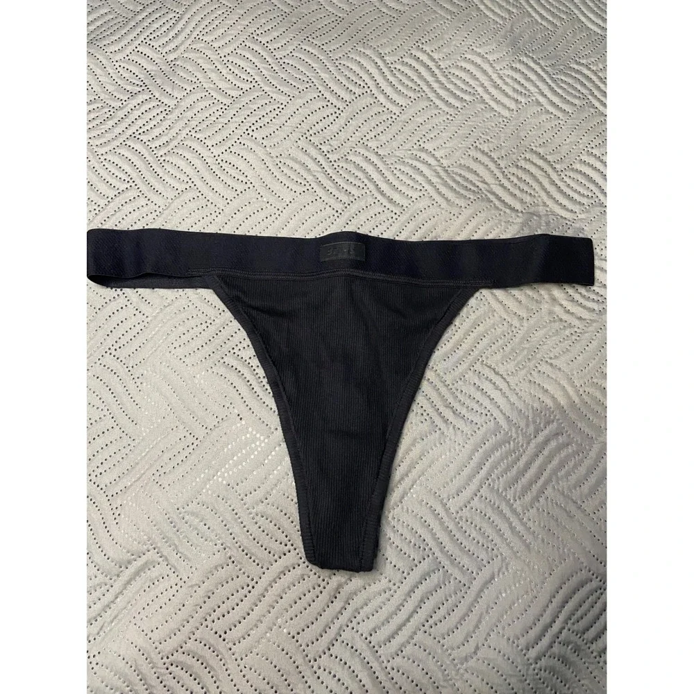 SKIMS Cotton Rib Thong Soot Black Size 2X High Cut Ribbed Underwear NWT